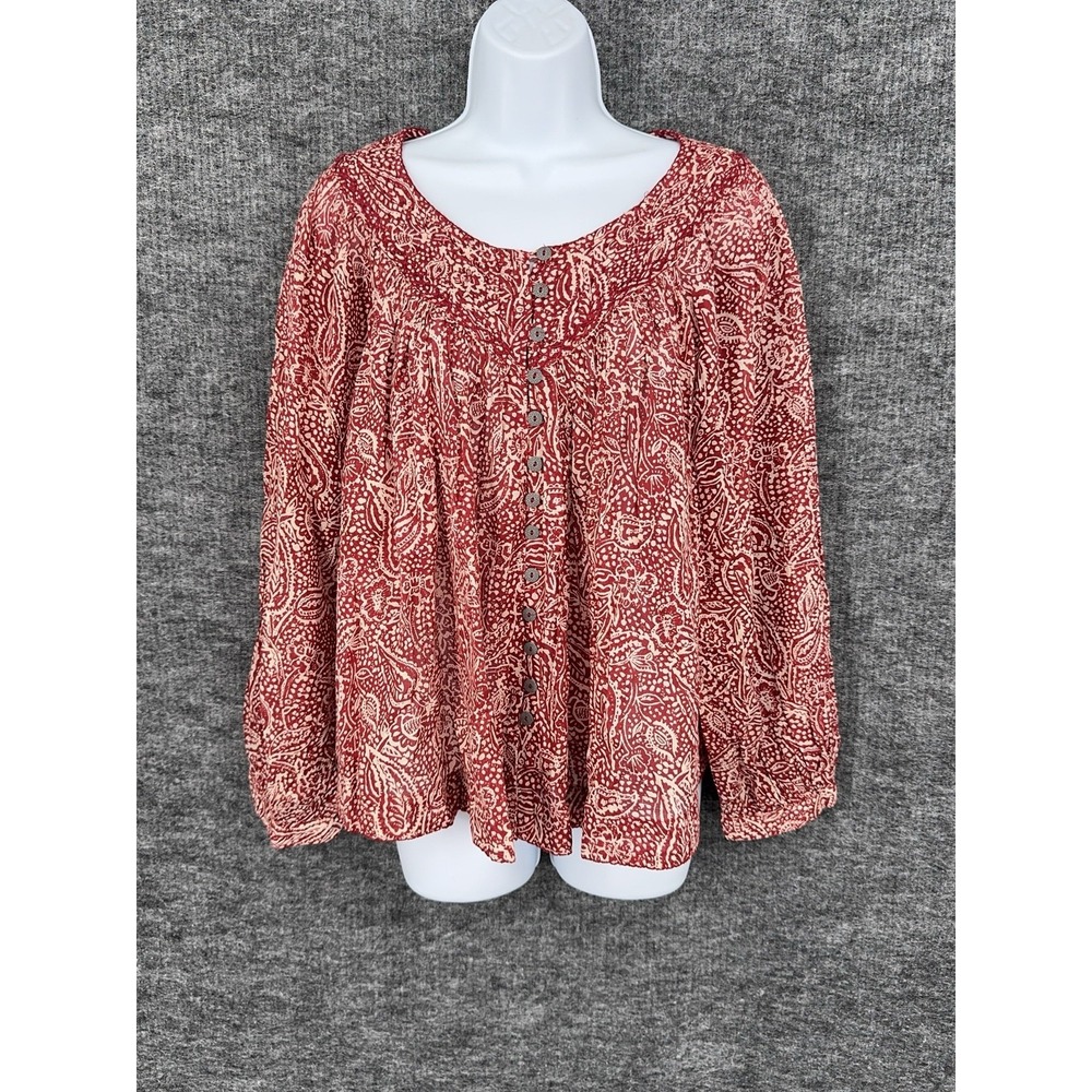 We The Free Blouse Womens S Red Paisley 100% Cotton Long Sleeve Button Front Top